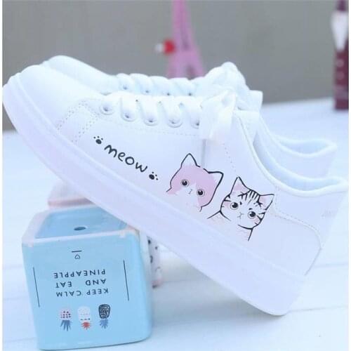 Comfortable White Women Flat Canvas Shoes Non-slip Spring and Autumn Womens Casual Shoes Shallow Printed Ladies Flats