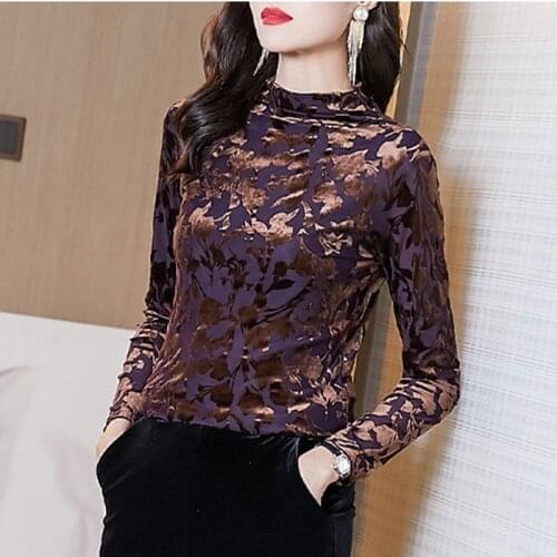Spring Fall Fashion Women Turtleneck Full Sleeve Velvet Floral Brown Mesh T Shirt Tops , Woman Casual Slim Stretchy Tshirt Top