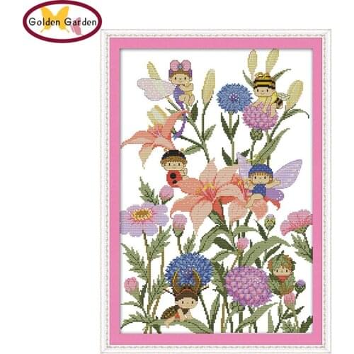 GG Bee Elves Counted or Stamped Cross Stitch 11CT14CT DIY Kit Needlework Embroidery Cartoon Joy Sunday Cross Stitch Set for Kids