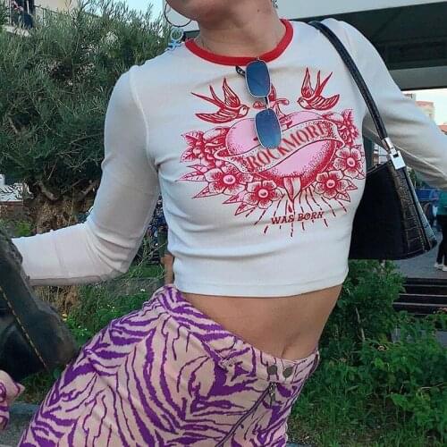 Y2K Aesthetic Printed T-shirt Harajuku Vintage Women Long Sleeve O-neck Slim Fit Crop Top Spring Autumn E-girl Retro Cute Tshirt