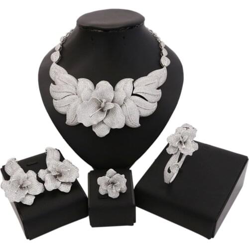 Yulaili Luxury American Cubic Zirconia Silver Color Flower Shape Necklace Bracelet Earring Ring Wedding Bride Jewelry Sets