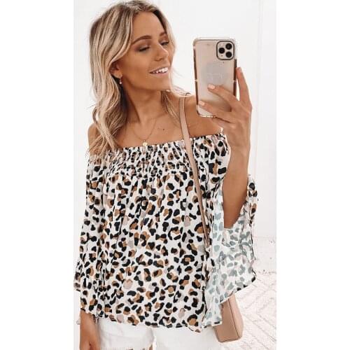 Leopard Off Shoulder Flared Sleeve Top Women Elastic slash neckline flared 3/4 sleeves Blouse Tops