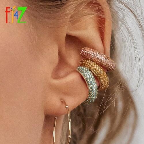 F.J4Z New Women Luxury Earrings Fashion Gorgeous Shinning Crystal Cuff Earrings Copper Metal C None-piercing Earrings Ear Cuffs