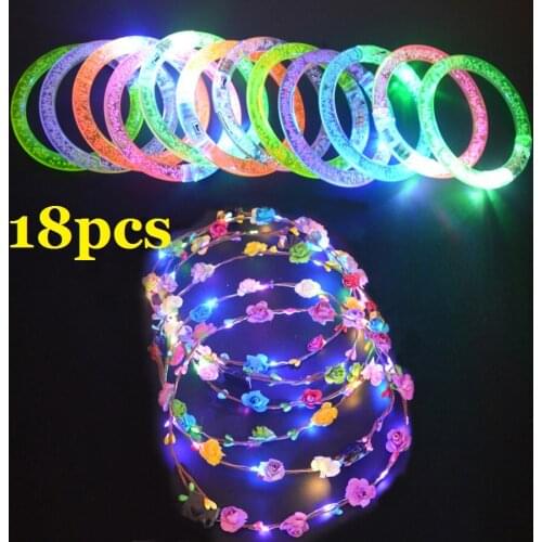 LED Light Up Toys Birthday Wedding Party Favors Glow in the Dark, 12pcs Bracelet and 6pcs Flower Wreath Christmas Halloween