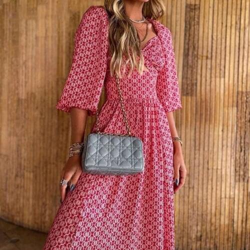 Fashion Hollow Bow Square Collar Long Dress Elegant Women Party Print Boho Beach Style Sexy Spring Summer Puff Sleeve C2881