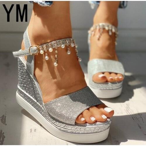 2020 New Women Wedge Sandals Summer Bead Studded Detail Platform Sandals Buckle Strap Peep Toe Thick Bottom Casual Shoes Ladies