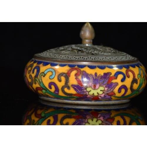 4"Chinese temple collection Old Bronze Cloisonne Enamel Lotus texture Three-legged incense burner Ornaments Town House Exorcism