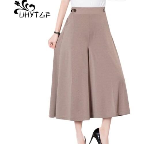 UHYTGF Plus Size Pants Women Fashion High Waist Wide Leg Pants Summer Trousers Female Elegant Mother Thin Casual Beach Pants 859