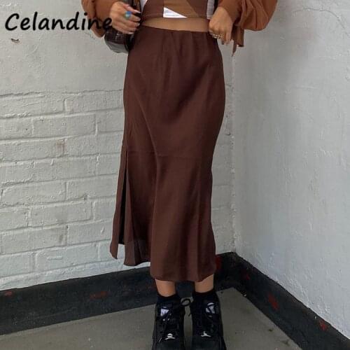 Celandine Vintage Fashion Chic Sexy Brown Midi High Waisted Loose Women Skirt Y2K Ladies Split Casual Skirt 2021 Summer Spring