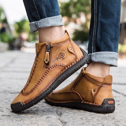 Spring Leather Men Short Boots Autumn Lace-up Flats Medium-top Shoes Outdoor Male Breathable Casual Shoes Handmade Mens Boots