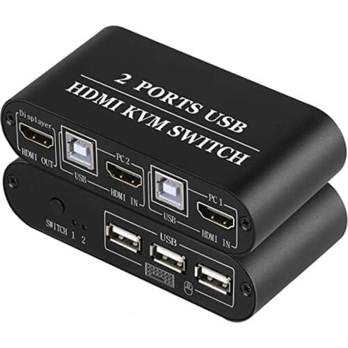 HDMI KVM Switch 2 Port Box Share 2 PCs with One Monitor 4K@30Hz with USB2.0 Support Keyboard and Mouse Connections