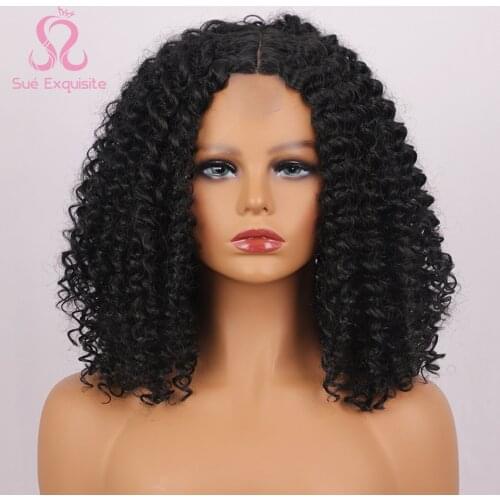 SUe EXQUISITE Synthetic Wig Black Curly Wig Natural Black Middle Part Natural Wig Heat Resistant Hair 14 Inches