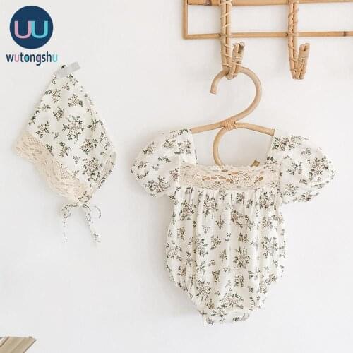 Baby Girl Rompers + Hat 0-24M Summer Lace Short Sleeve Cotton Baby Girl Clothes Set Cute Floral Newborn Girl Baby Clothes