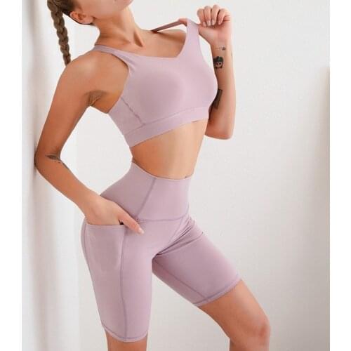Short Capri Yoga Set Cross Shockproof Bra High Waist Pocket Peach Hip Two Piece Suit Gym Workout Running Fitness Sportswear