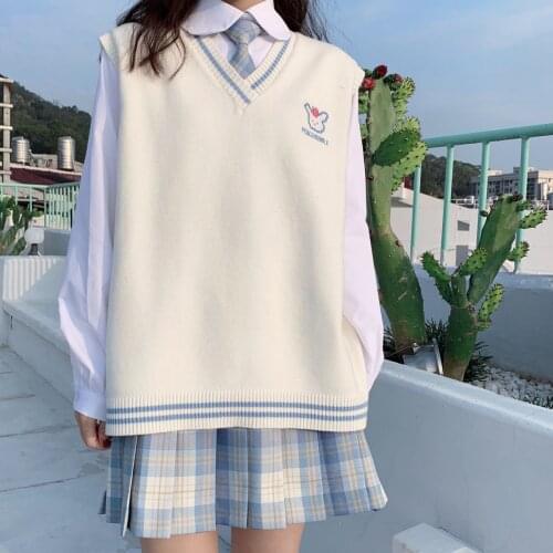2021 New Women Vest Casual V Neck Sweater Spring And Autumn New College Style Jk Uniform Knitted Sweater Shirt Pleated Skirt Set