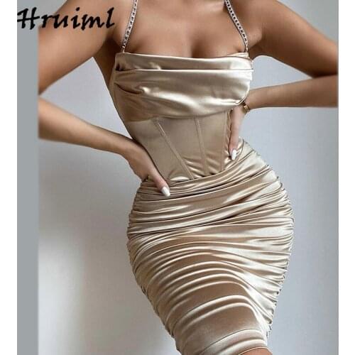 Corset Dress Party Sexy Rhinestone Off Shoulder Strap Pleated Fish Bone Satin Midi Dress Backless Solid Color Casual Dress 2021