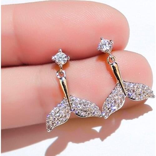 Hot Sale Korean Style Ladies Beautiful Mermaid Tail Crystal Rhinestone Zircon Copper Stud Earrings for Women Girl Jewelry