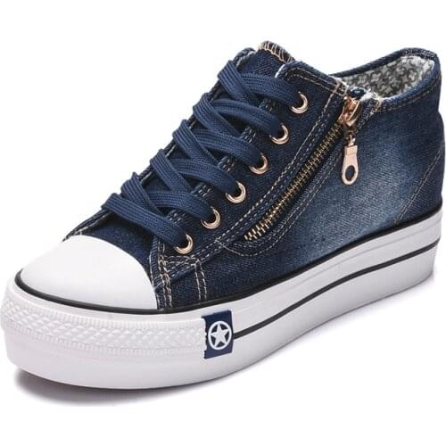 Fashion Womens Shoes; Denim; Side Zipper Inner Height Increase Platform Shoes Flat Shoes Vulcanized Shoes Women Zapatillas