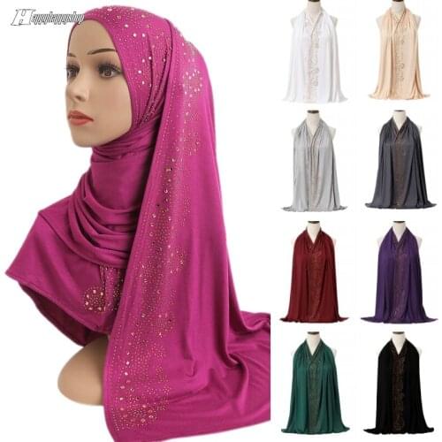 Muslim Women Hijab With Rhinestones Soft Modal Long Scarf Islamic Hijab Shwls Arab Headband Scarves Shayla Afrcian Headwear