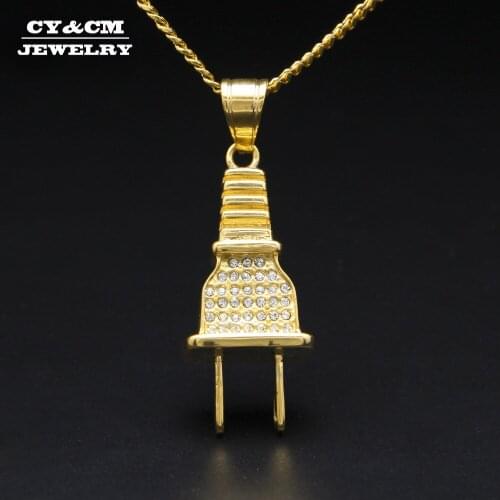 CY&CM Men Simulated Crystal Plug Pendant Hiphop Gold 316L Stainless Steel Ice Out Rhinestone Charm Necklace Hip Hop Punk Jewelry