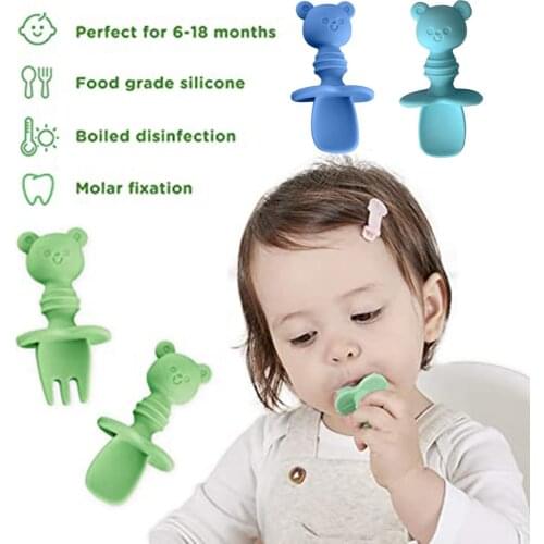 Baby Fork and Spoon Set Silicone Chewtensils Self Feeding Training Utensil Easy Grip Toddler Cutlery Kit BPA Free for Infants