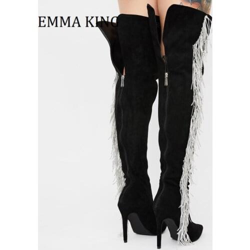 2020 New Rhinestone Tassel Suede Leather Boots Female Pointy Toe Over the Knee Boots Women Bling High Heels Thigh High Boots