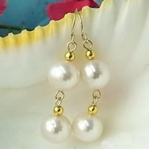 New Arrival Favorite Pearl Jewelry 9-10mm White Round Double Genuine Freshwater Pearls 14k/20 GP Dangle Earrings Lady Gift
