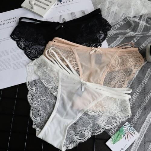 Sexy Cross-Strap Transparent Mesh Womens Underwear Embroidered Lace Low-Waist Panties Temptation Hollow Out Female Briefs Tanga