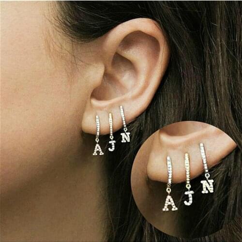 1 Piece Gold Color Clear Cz 26 Gloss A-Z Initial Charm Circle Dangle Earring for Women Gifts Name Letter Alphabet