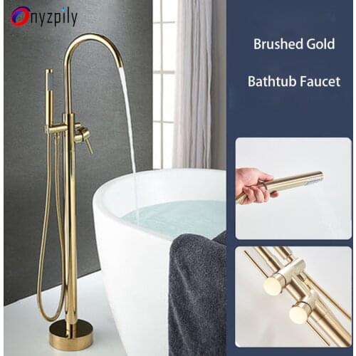 Onyzpily Brushed Gold Bathtub Floor Stand Faucet Mixer Single Handle Mixer Tap 360 Rotation Spout With ABS Handshower Bath Mixer