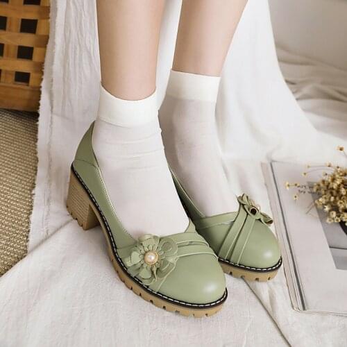 Pink Shallow Mouth Pearl Flower Casual Shoes Thick Heel Grass Green Sweet Student Shoe Covers Foot Sun Flower Kawaii Lady Style
