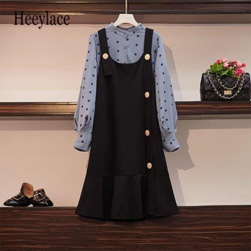 Plus size spring autumn women office lady 2 piece set ensemble femme polka dot blouse and dress set female elegant women outfits