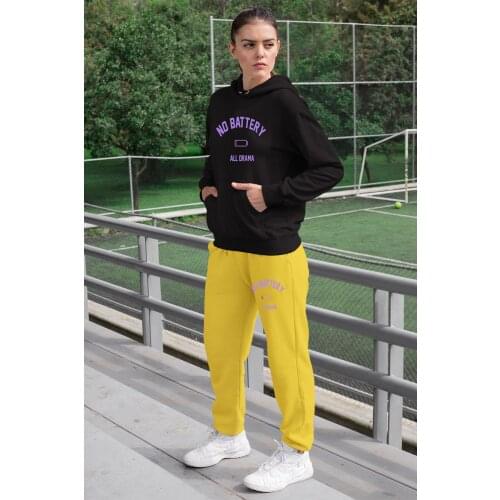 Angemiel Wear No Battery All Drama Women Tracksuit Set Black Hooded Sweatshirt Yellow Sweatpants
