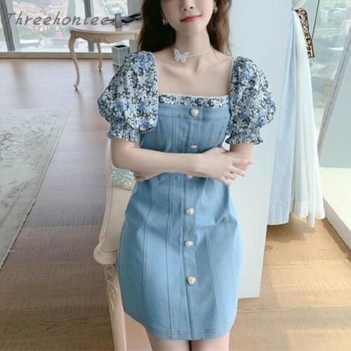 2021 Summer Korean New Chiffon Patchwork Denim Dress One Shoulder Retro Waist Slim Micro Elastic Denim Dress