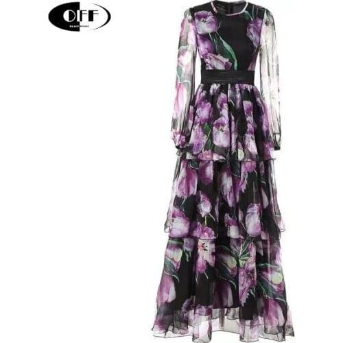 Spring Runway Elegant Maxi Dresses Womens Long Sleeve Vintage Tiered Tulip Floral Printed Ruffles Holiday Beach Long Dress Robe