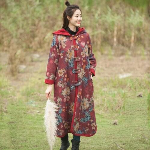 Women National Style Single Breasted Hooded Coat Fleece Parkas Female Loose print Long Coat Ladies 2019 Winter Overcoat Topcoat