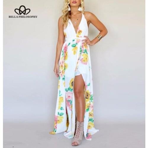 Bella Philosophy summer women spaghetti strap dress V Neck print chiffon female empire dress bohemian floor length dress