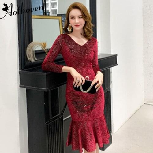 2020 Spring Sexy Party Bodycon Office Dresses Women Sequined Long Sleeve O Neck Elegant Dresses Vintage Bandage Mermaid Dress
