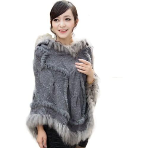 Hooded Knitted Fur Poncho Women Fashion loose Knitted Cape With Hood With Real Raccoon Fur Trimming Ladies Autumn Fur Shawl
