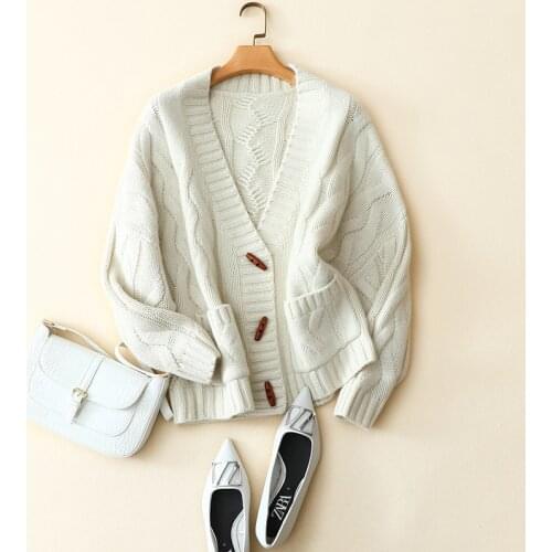 Winter new style loose buttons warm coat chunky knitted 100% cashmere cardigan coat