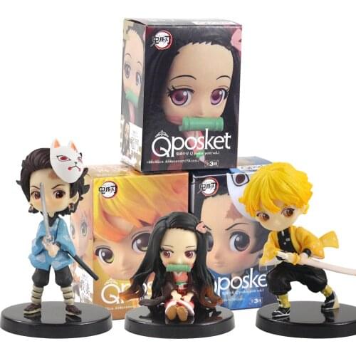 3pcs Q Posket Demon Slayer Figures Tanjirou Kamado Nezuko Agatsuma Zenitsu with Sword Kimetsu no Yaiba Anime Model Toys