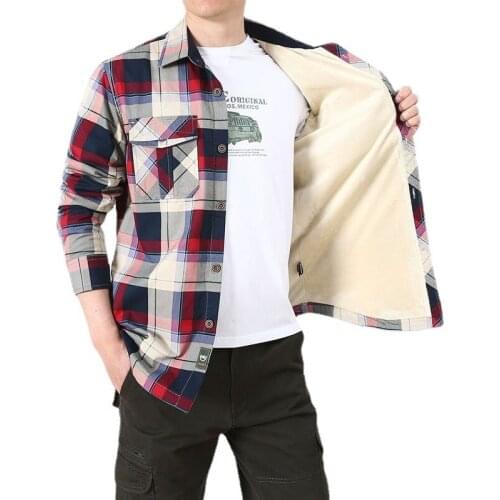 ABOORUN 2021 Mens Winter Plaid Fleece Shirts Pure Cotton Long Sleeve Warm Shirts for Male