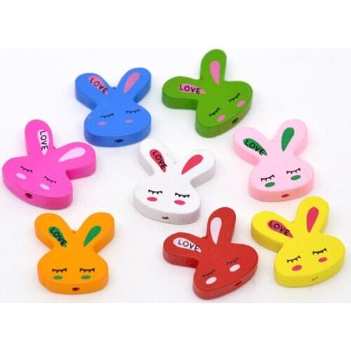 Free shipping-50pcs Mixed Multicolor Cute Rabbit /Bunny Wood Beads 20x20mm M00739