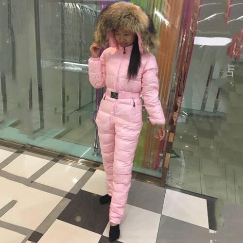 Glossy White Down Jacket Pants Jumpsuit Rompers Women 2020 Winter Warm Real Racoon Fur Hooded Outerwear One Piece Snow Ski Suit