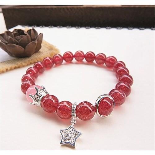 Natural Stone Charm Bracelet Women Accessory Strawberry Quartz Bead Bracelet Lucky Lover Yoga Bracelet 925 Silver Crown Jewelry