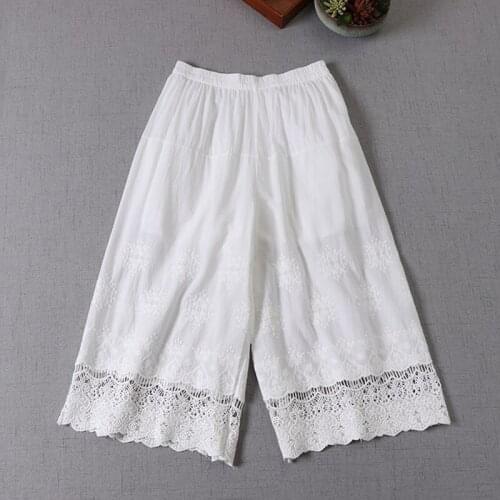 Summer Autumn Casual Sweet Pants Women Solid Color Embroidery Floral Hollow Out Cute Kawaii Wide Leg Pants U238