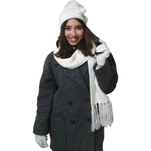 Edwol Women 3 pcs Scarf Beanie Glove Set Ecru