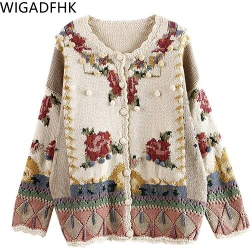 WIGADFHK 2021 New Womens Winter Handmade Sweater And Cardigan Floral Hollow Sweet And Chic Knitted Cardigan Autumn
