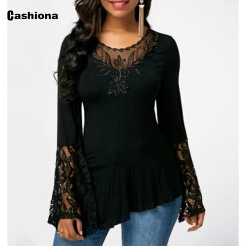 2020 Women New Autumn Boho Embroidery Lace Casual Tops Solid Flare sleeve Loose T-Shirt Plus size Ladies Tee Shirt 4xl 5xl femme