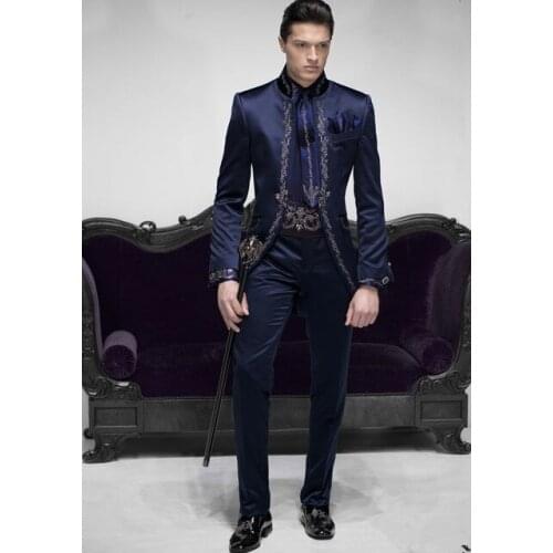 New Arrival Dark Blue Satin Wedding Suit For Men 2 Pieces Custom Made Tuxedos Mandarin Lapel Prom Latest Design Slim Blazer
